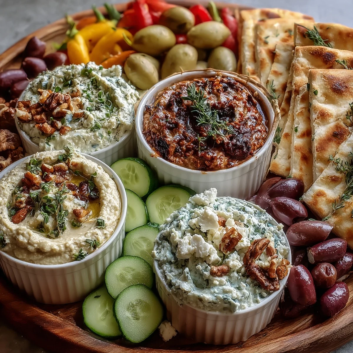 Mediterranean Brunch Board with colorful dips and warm flatbreads, artfully arranged for a festive, shareable appetizer spread.