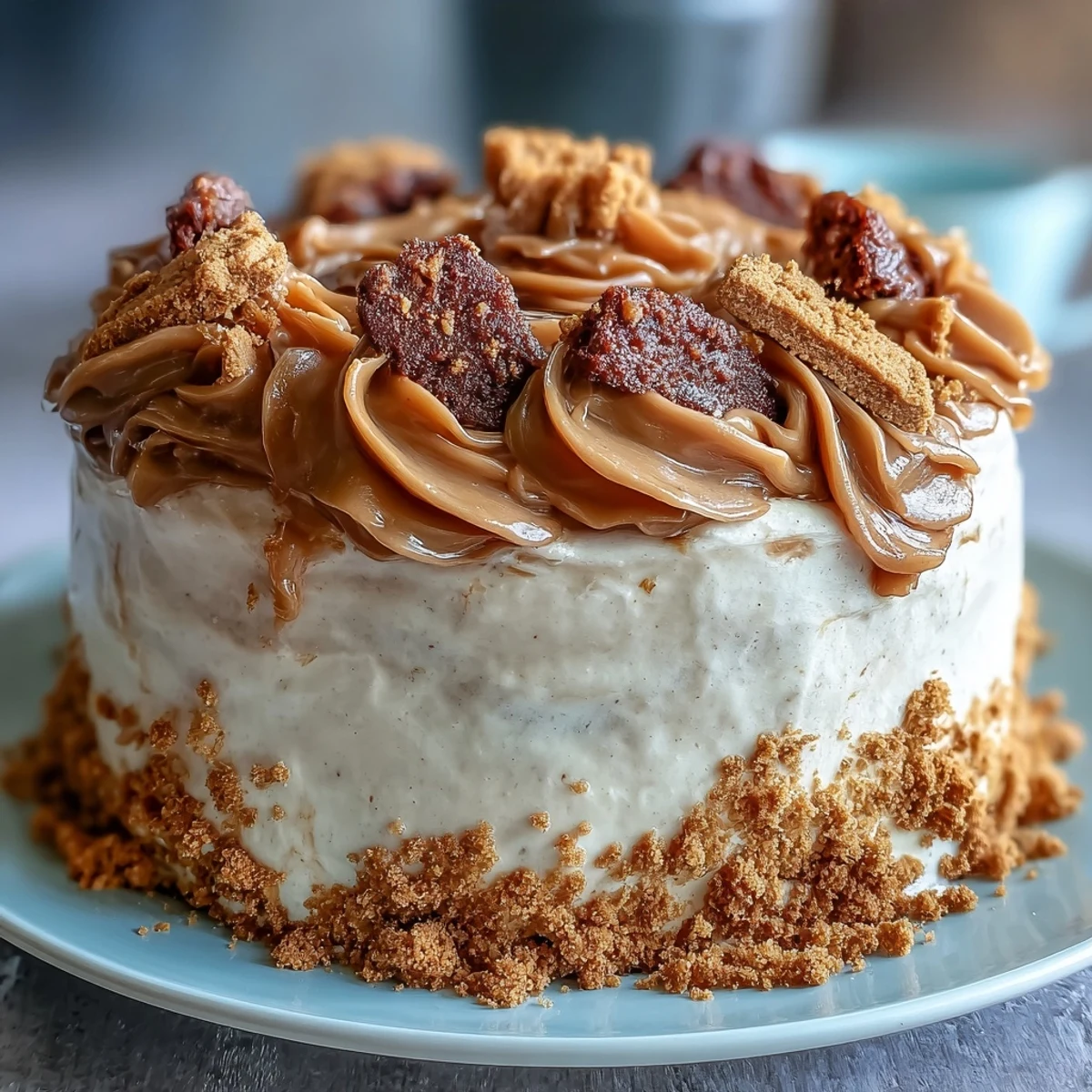 Freshly baked Decadent Baked Biscoff Cake with Creamy Lotus Frosting, featuring a golden sponge and crumbled cookies on top. 