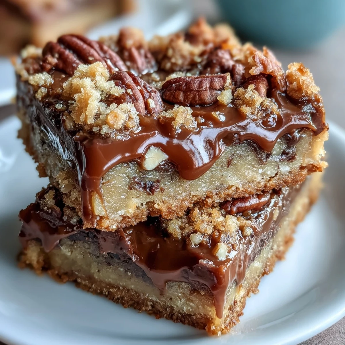 Decadent Sweet and Chewy Turtle Bars with Chocolate and Caramel topped with gooey drizzle and toasted pecans on a wooden cutting board.
