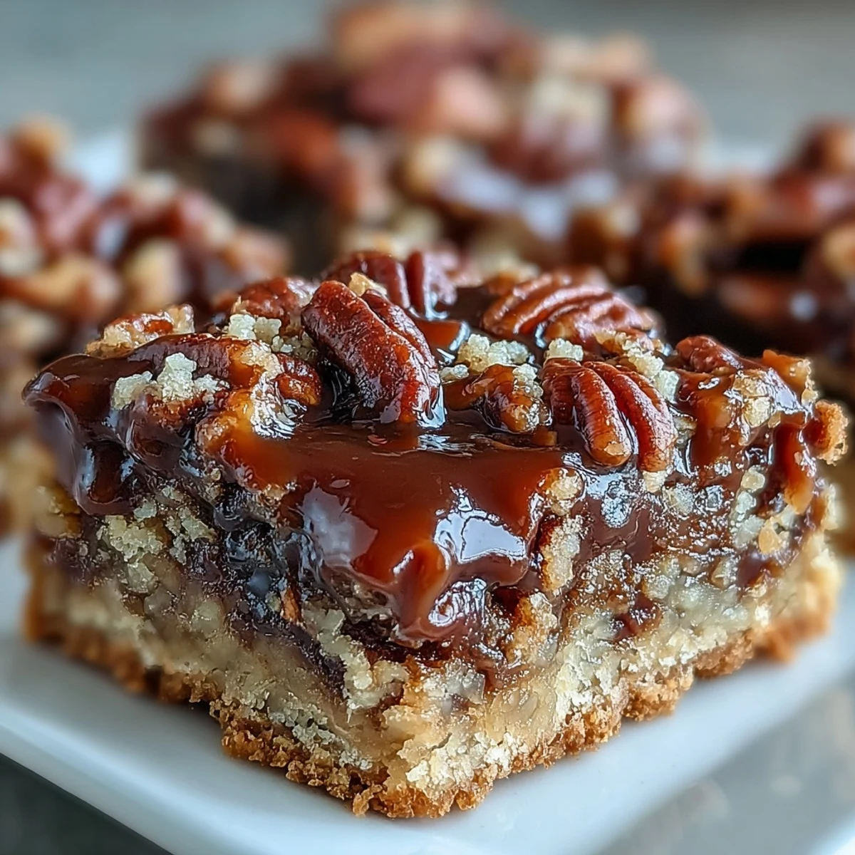 Golden-baked Decadent Sweet and Chewy Turtle Bars with Chocolate and Caramel showing caramel swirls and melted chocolate in a white dish.