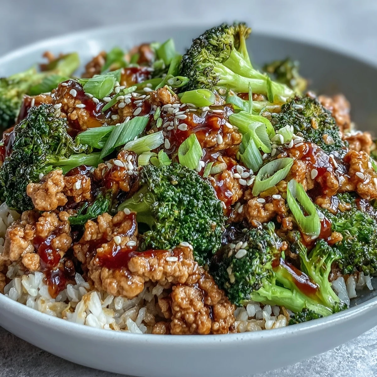 Garnished with green onions and sesame seeds, these easy Asian-inspired dinner bowls are steaming on a white ceramic plate.