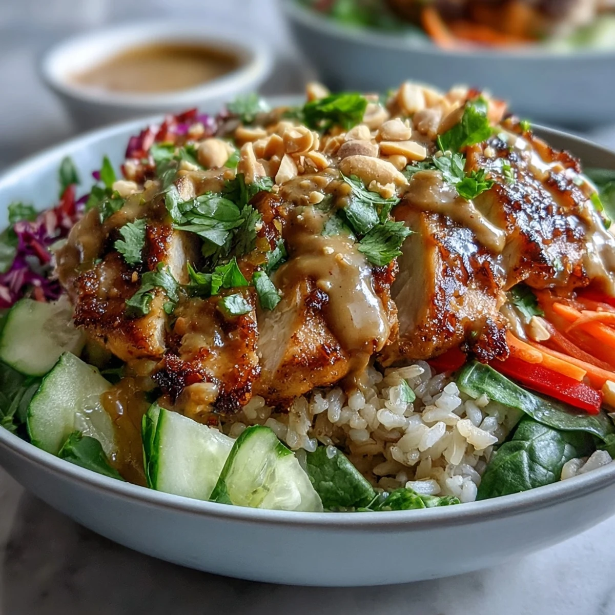 Freshly baked spiced chicken slices rest atop warm brown rice in a vibrant Peanut Chicken Power Bowl, garnished with peanuts and cilantro.