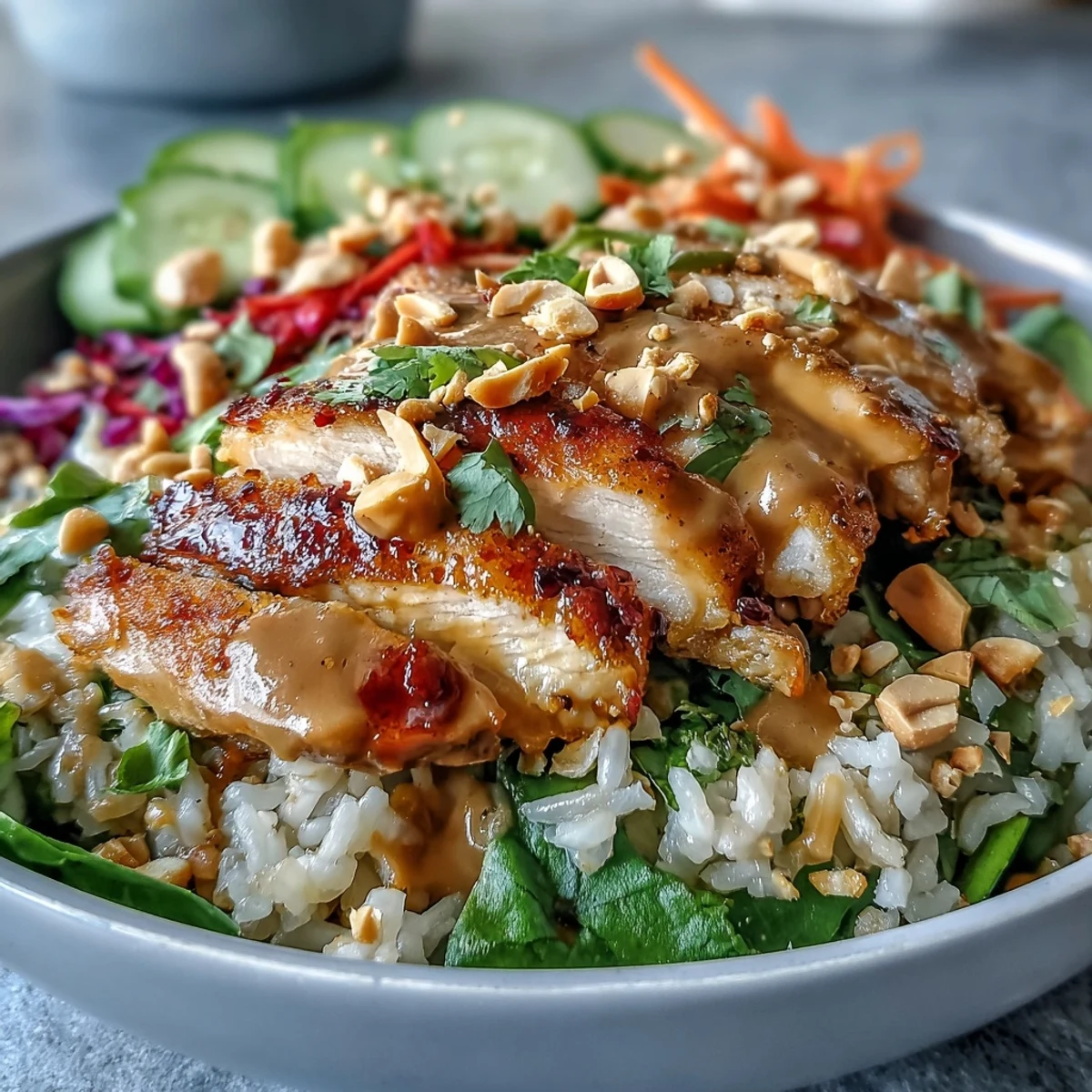 A drizzle of rich peanut sauce over a wholesome Peanut Chicken Power Bowl with grilled chicken, greens, and lime wedges for brightness.