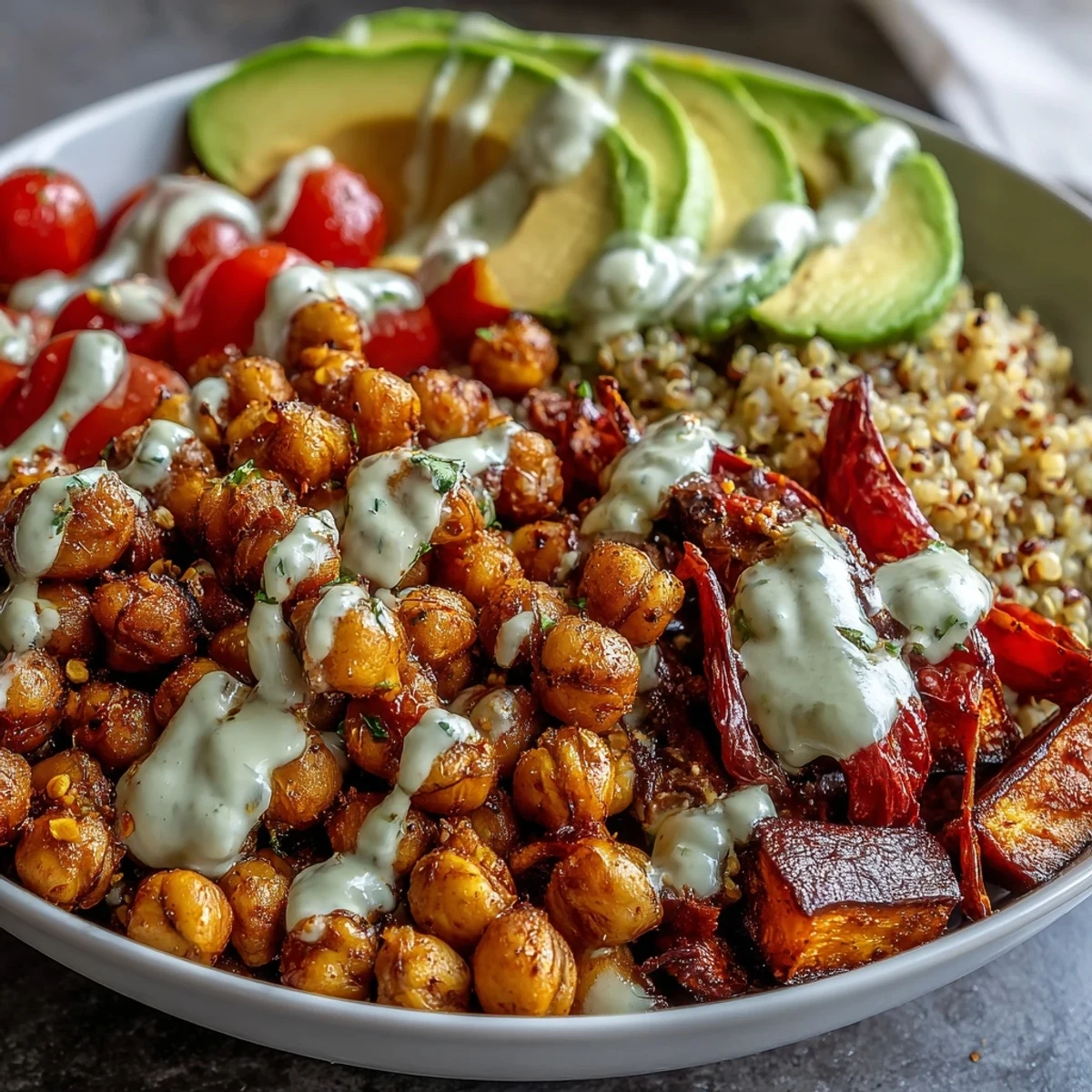 A finished Chickpea Power Bowl with fluffy quinoa, roasted sweet potato, bell peppers, and crispy spiced chickpeas.
