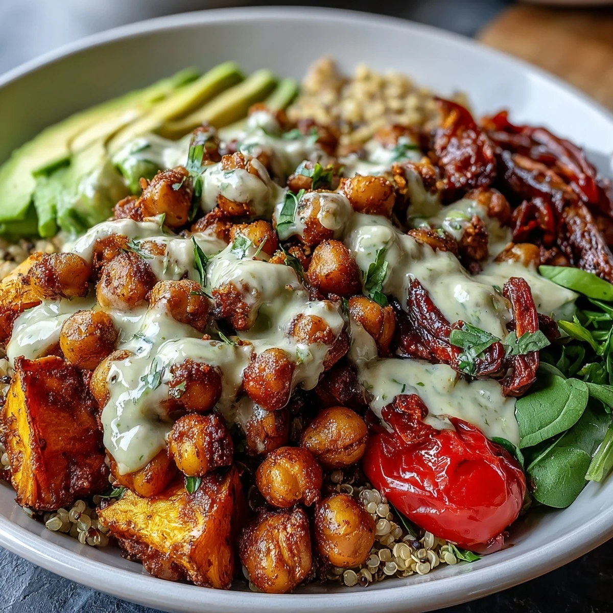 Close-up of a Chickpea Power Bowl garnished with fresh parsley and toasted pumpkin seeds for a satisfying crunch.