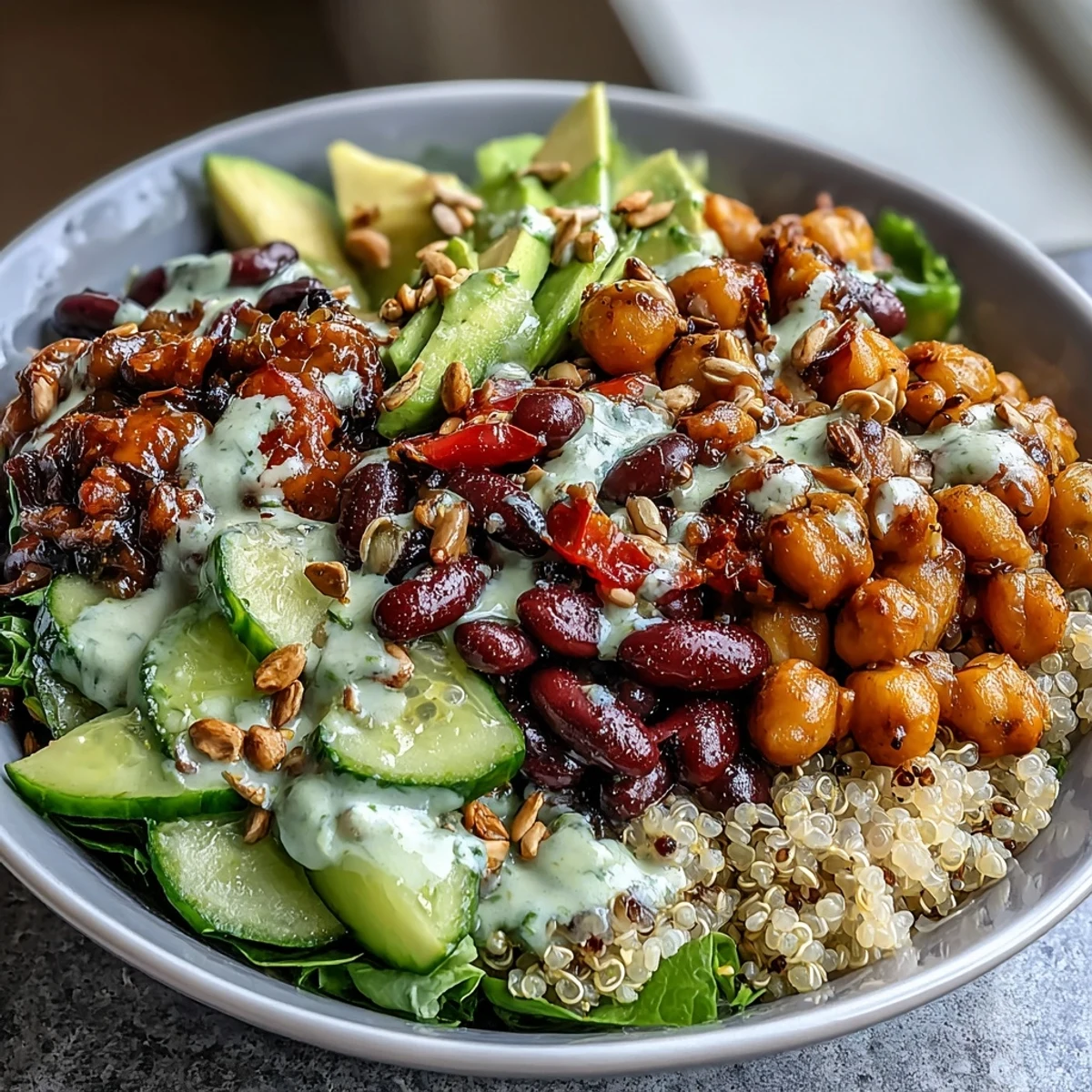 Vibrant Three-Bean Power Bowl topped with sliced avocado and fresh cilantro, served as a hearty vegetarian lunch.