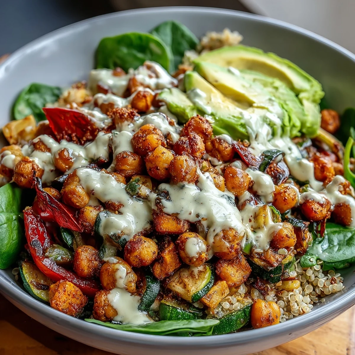 Golden roasted chickpeas and caramelized vegetables over quinoa for the Roasted Chickpea Power Bowl.