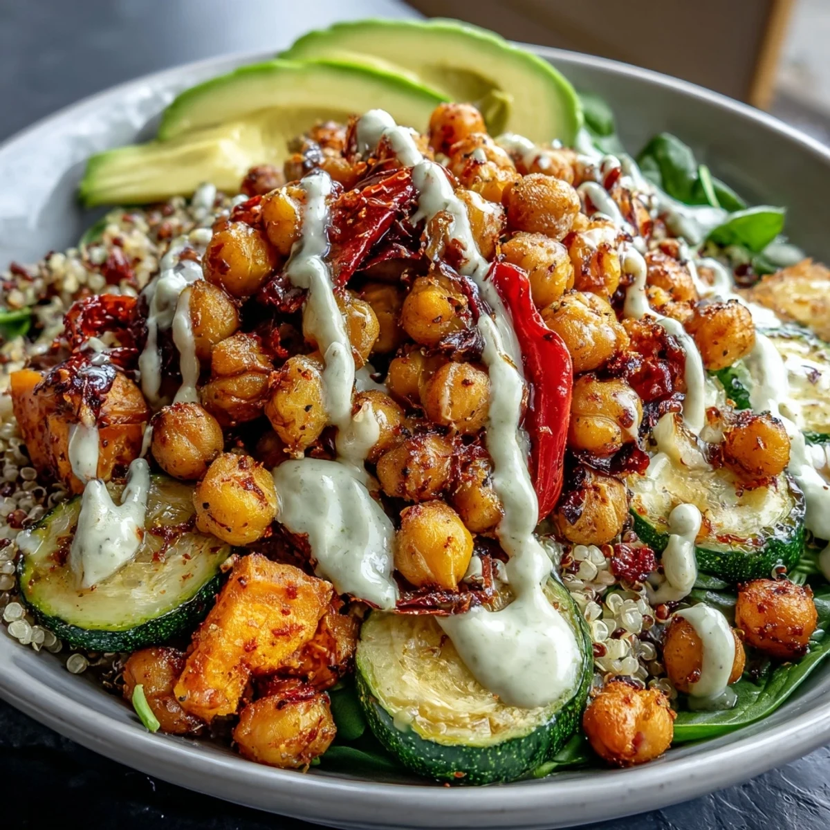 Close up of a freshly assembled Roasted Chickpea Power Bowl featuring baby spinach and herbs.