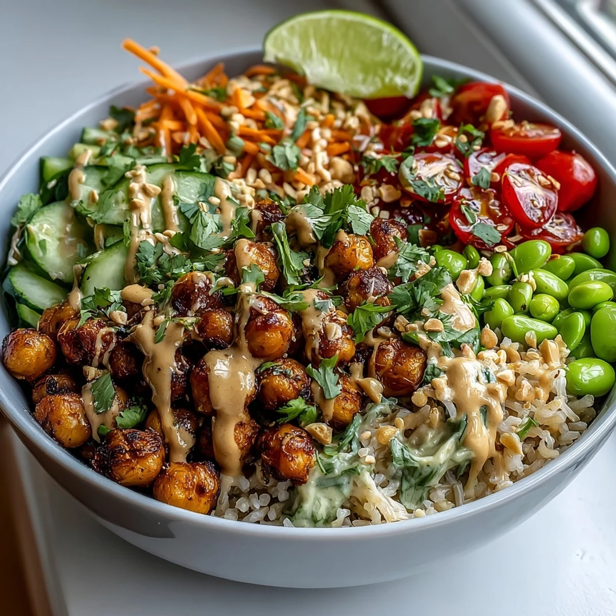 Overhead view of a vibrant Peanut Chickpea Protein Bowl, featuring golden roasted chickpeas, fresh cabbage, carrots, and cucumber on a bed of brown rice.