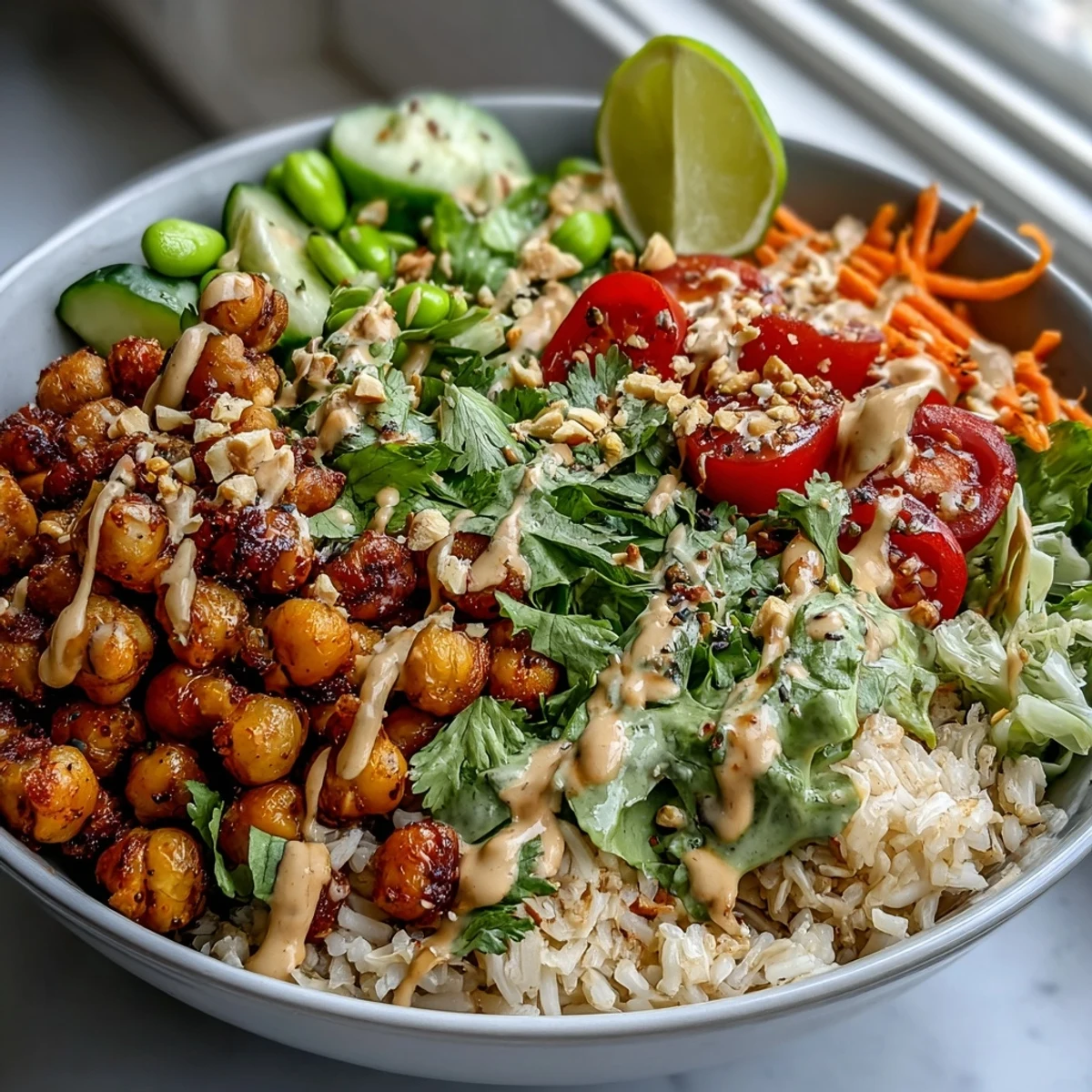 Overhead view of a vibrant Peanut Chickpea Protein Bowl, featuring golden roasted chickpeas, fresh cabbage, carrots, and cucumber on a bed of brown rice.