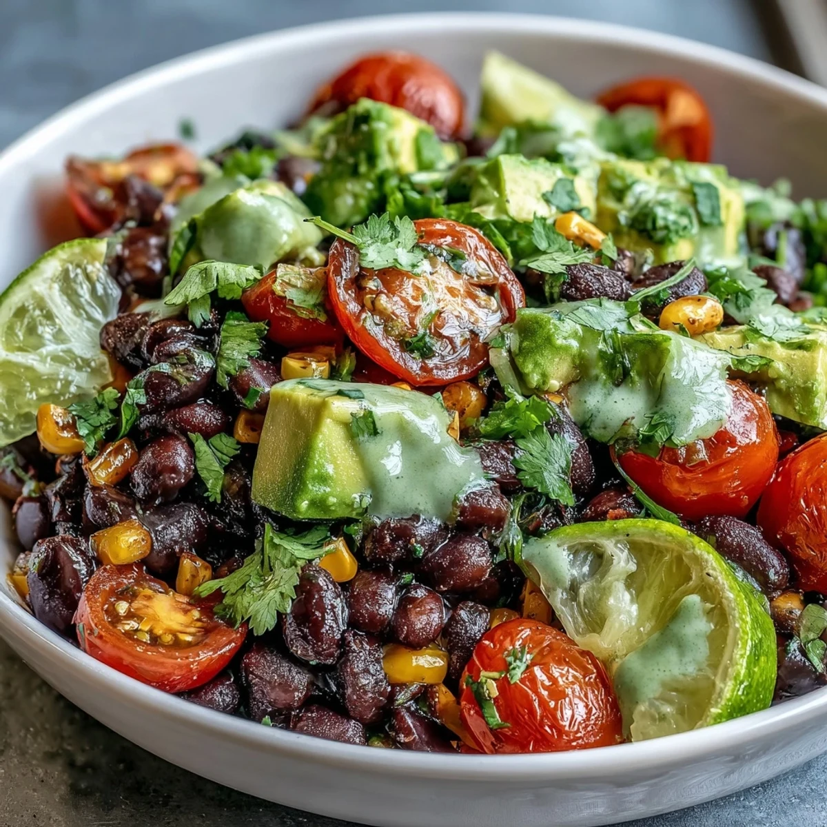Colorful Black Bean and Veggie Bowl with corn, tomatoes, and avocado, drizzled with zesty lime dressing.