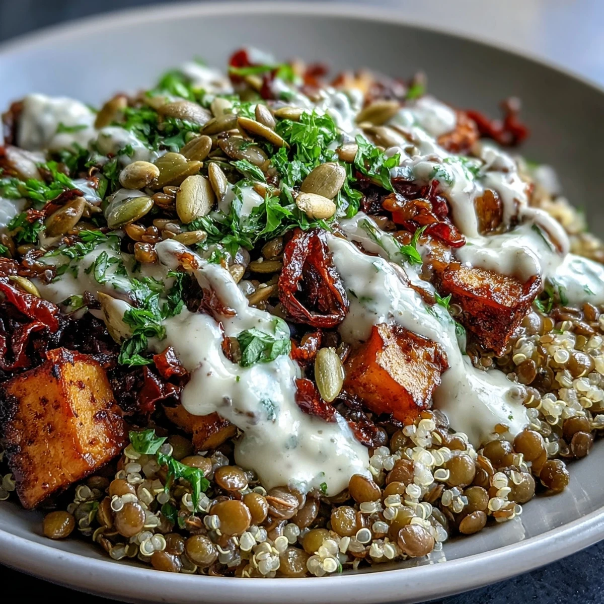 Hearty grains, protein-packed lentils, and roasted veggies create a colorful Lentil Power Bowl, drizzled with smooth tahini dressing and ready to enjoy.