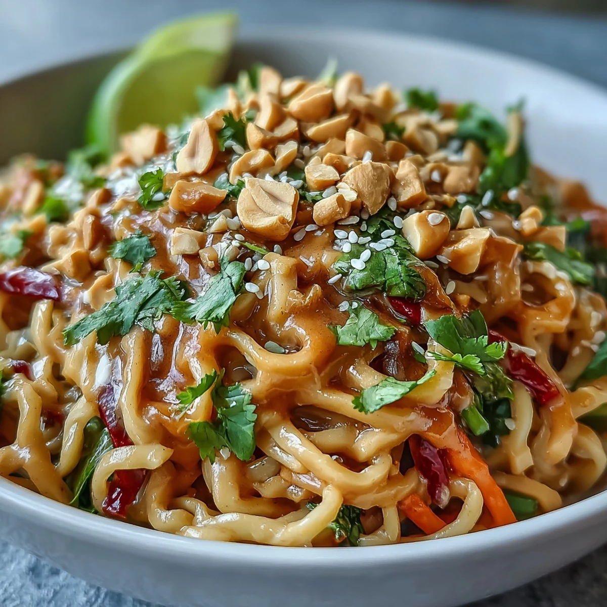 Asian Peanut Noodle Bowl tossed with crisp carrots, red cabbage, and fresh cilantro in a creamy peanut dressing.
