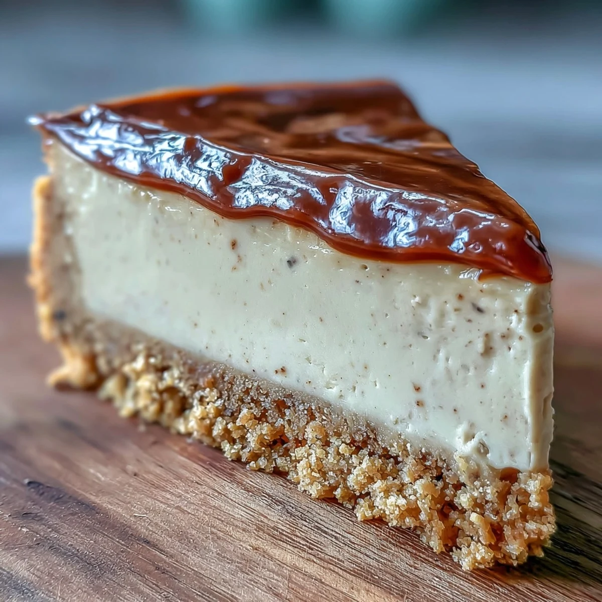 A slice of Hojicha Cheesecake shows marbled brown tea patterns on creamy filling and a golden graham cracker crust.