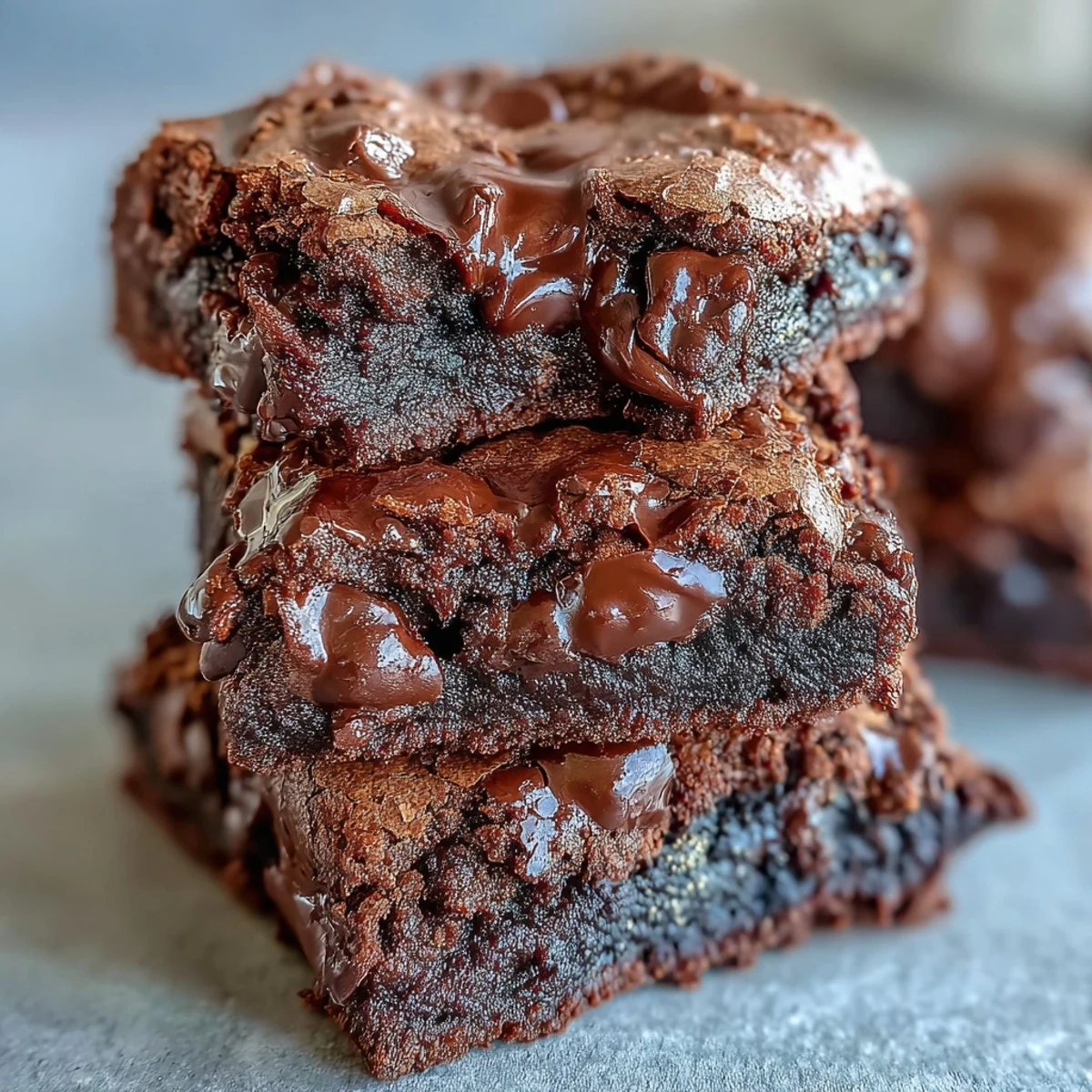 A rich Hojicha Brookie square with melted chocolate chips, served on a rustic wooden board.