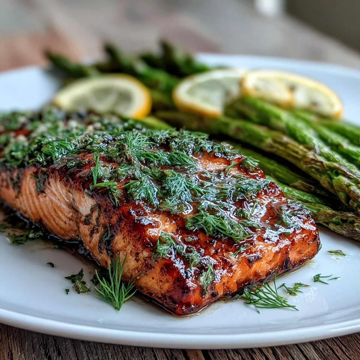 Golden-baked Marry Me Salmon fillet with fresh dill and lemon slices on a rustic plate.