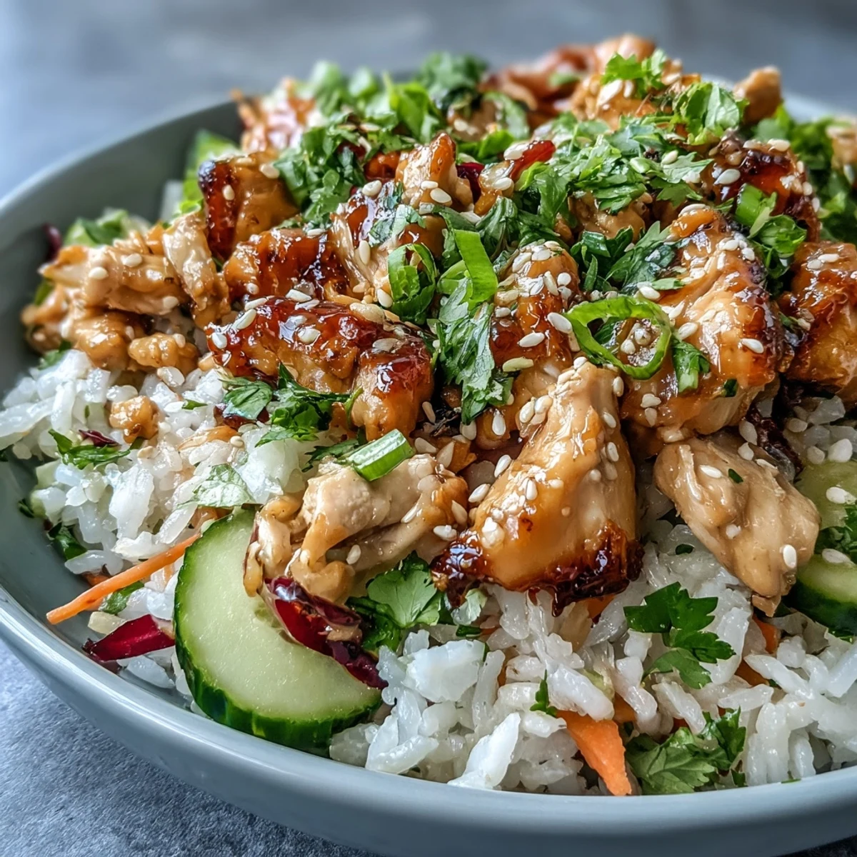 Close-up of a vibrant Bang Bang Chicken Bowl showing golden chicken, crunchy carrots, cucumber, red cabbage, and creamy sauce over fluffy rice.