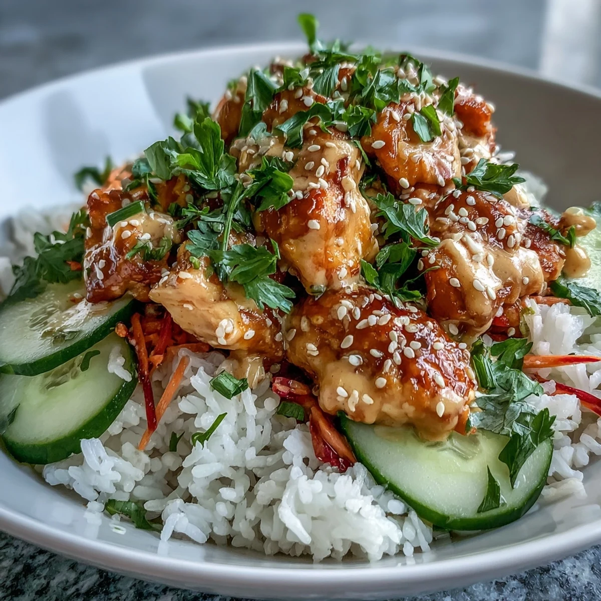 A colorful Bang Bang Chicken Bowl topped with sesame seeds and green onions, served on a white plate for a quick dinner.