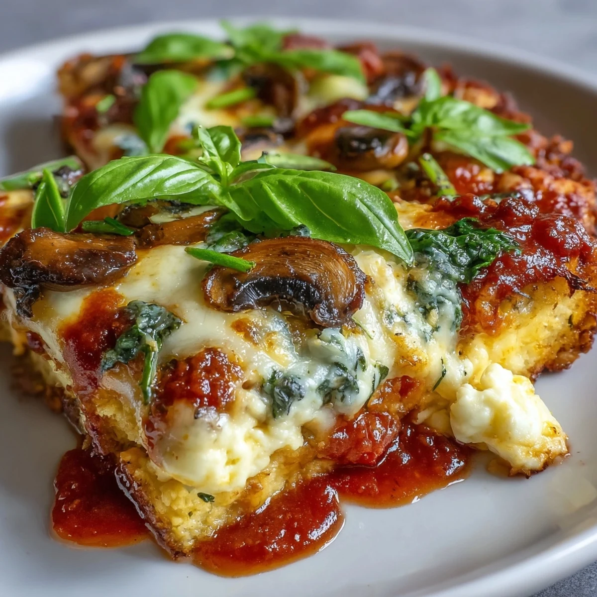 Cottage Cheese Pizza Bowl topped with fresh basil beside a golden slice.
