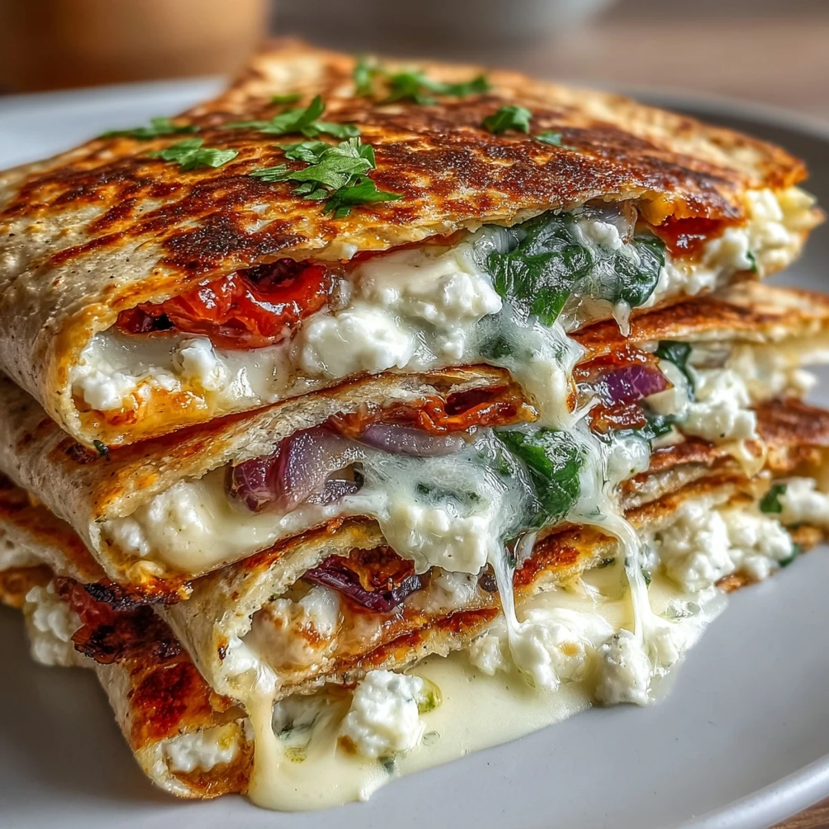 Sizzling Mediterranean quesadilla wedges featuring creamy feta, mozzarella, and vibrant red onion slices, ready to be dipped in tzatziki.