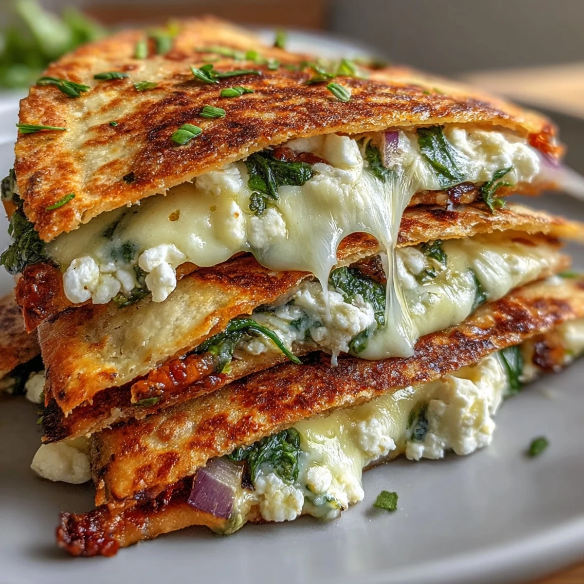 Crispy whole wheat tortillas stuffed with melted cheeses and sautéed greens, garnished with fresh herbs for a vegetarian appetizer.
