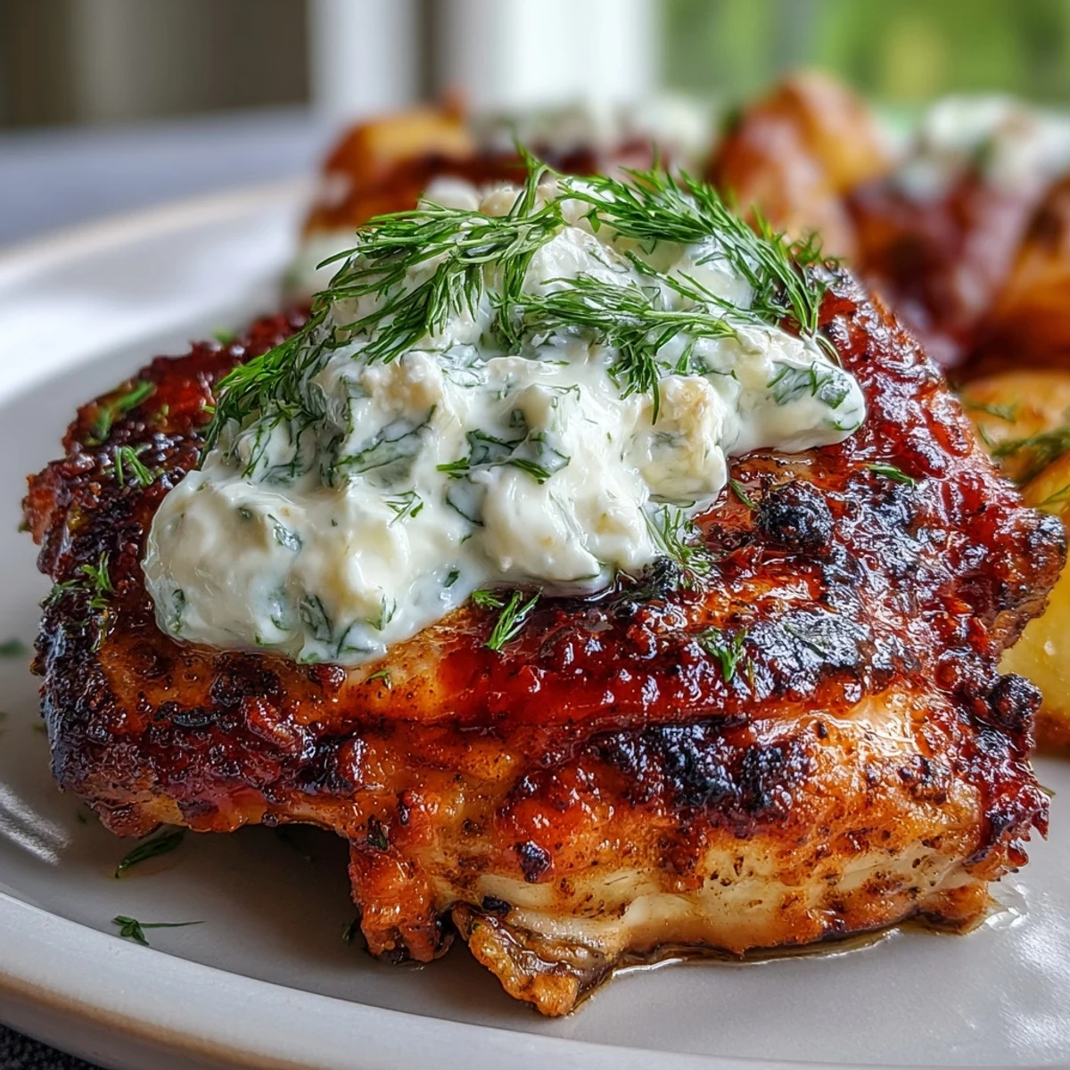 Grilled Spicy Yogurt Marinated Chicken with Dill Feta Cream is served alongside crispy golden baby potatoes and fresh herbs on a rustic plate.
