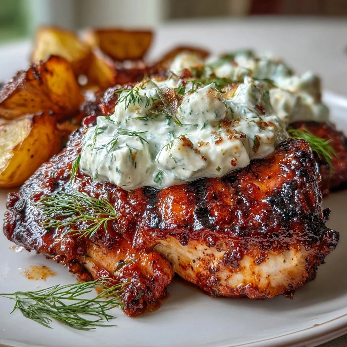Close-up of Spicy Yogurt Marinated Chicken with Dill Feta Cream, showing tender meat and tangy sauce beside crispy potatoes on a wooden board.