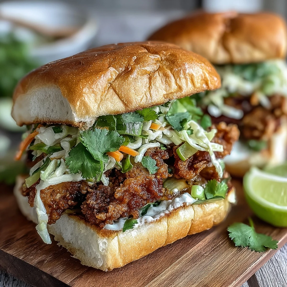 Thai Fried Chicken Sandwich on a plate with golden fried chicken, pickled carrots, and cilantro garnish. 