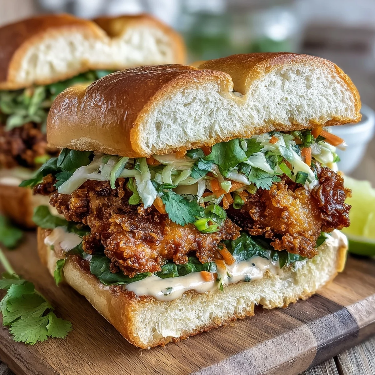 Close-up of a Thai Fried Chicken Sandwich showing crispy chicken, sriracha mayo, and crunchy veggies. 