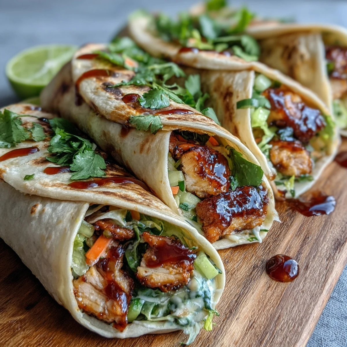 Freshly assembled Sweet Chili Chicken Wraps with vibrant vegetables, drizzled with sweet chili sauce and lime.