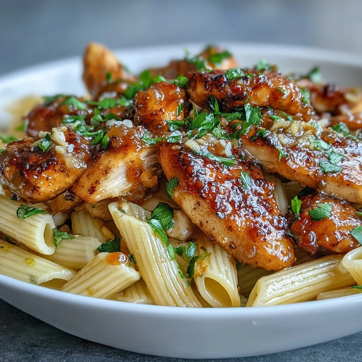 A skillet of freshly cooked Honey Pepper Chicken Pasta garnished with parsley for a family dinner.