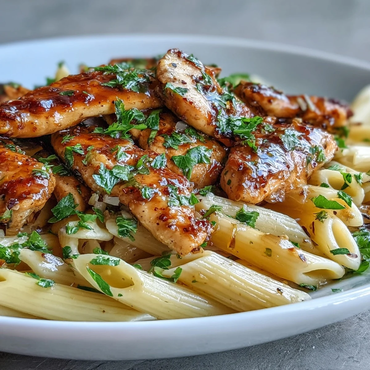 Tender chicken strips glisten in a sweet and peppery sauce over penne pasta.