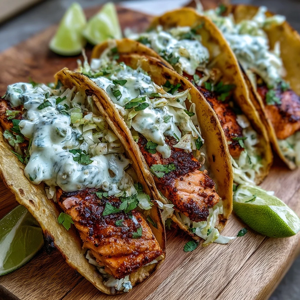 Warm Air Fryer Salmon Tacos With Slaw stuffed into a soft corn tortilla, topped with creamy slaw and fresh cilantro garnish.