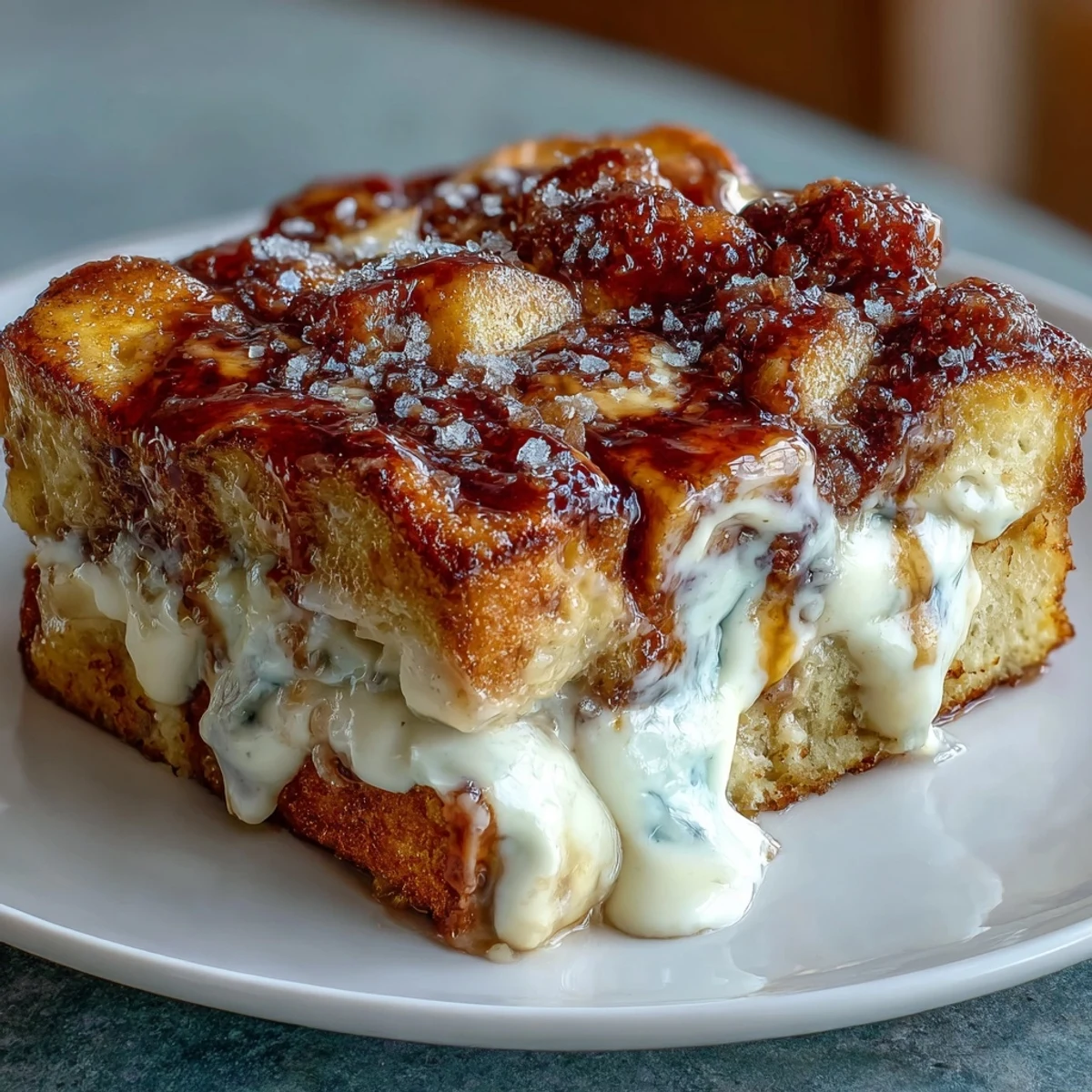 A warm casserole slice of Cream Cheese Swirl Cinnamon Roll French Toast Bake reveals a rich, swirled cream cheese layer.