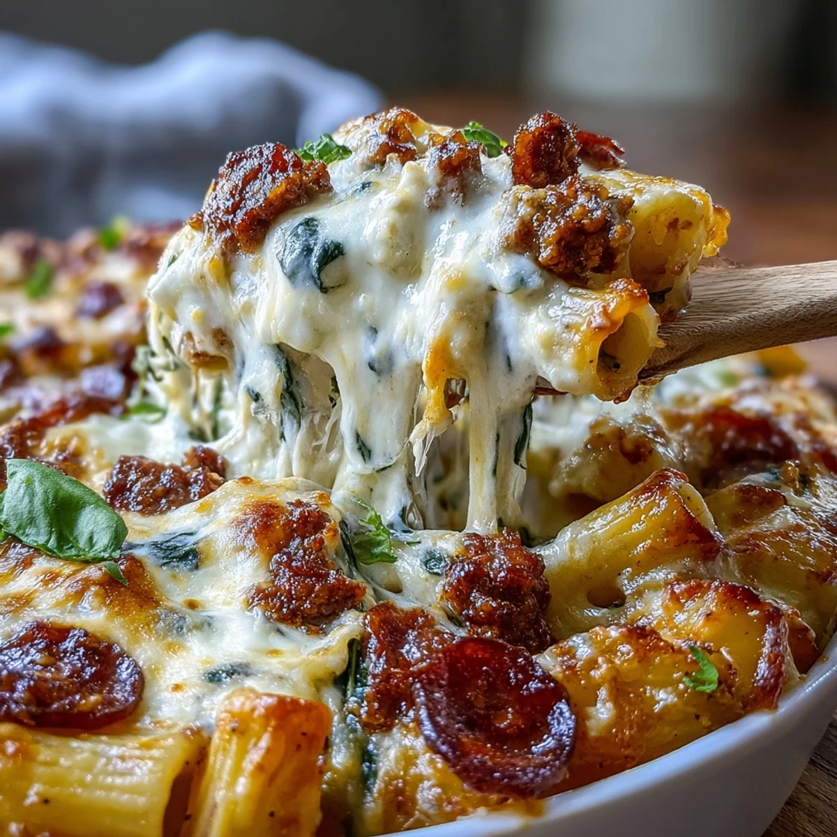 Golden, bubbly High-Protein Pizza Pasta Bake fresh from the oven, featuring penne, lean beef, and melted mozzarella with pepperoni on top.