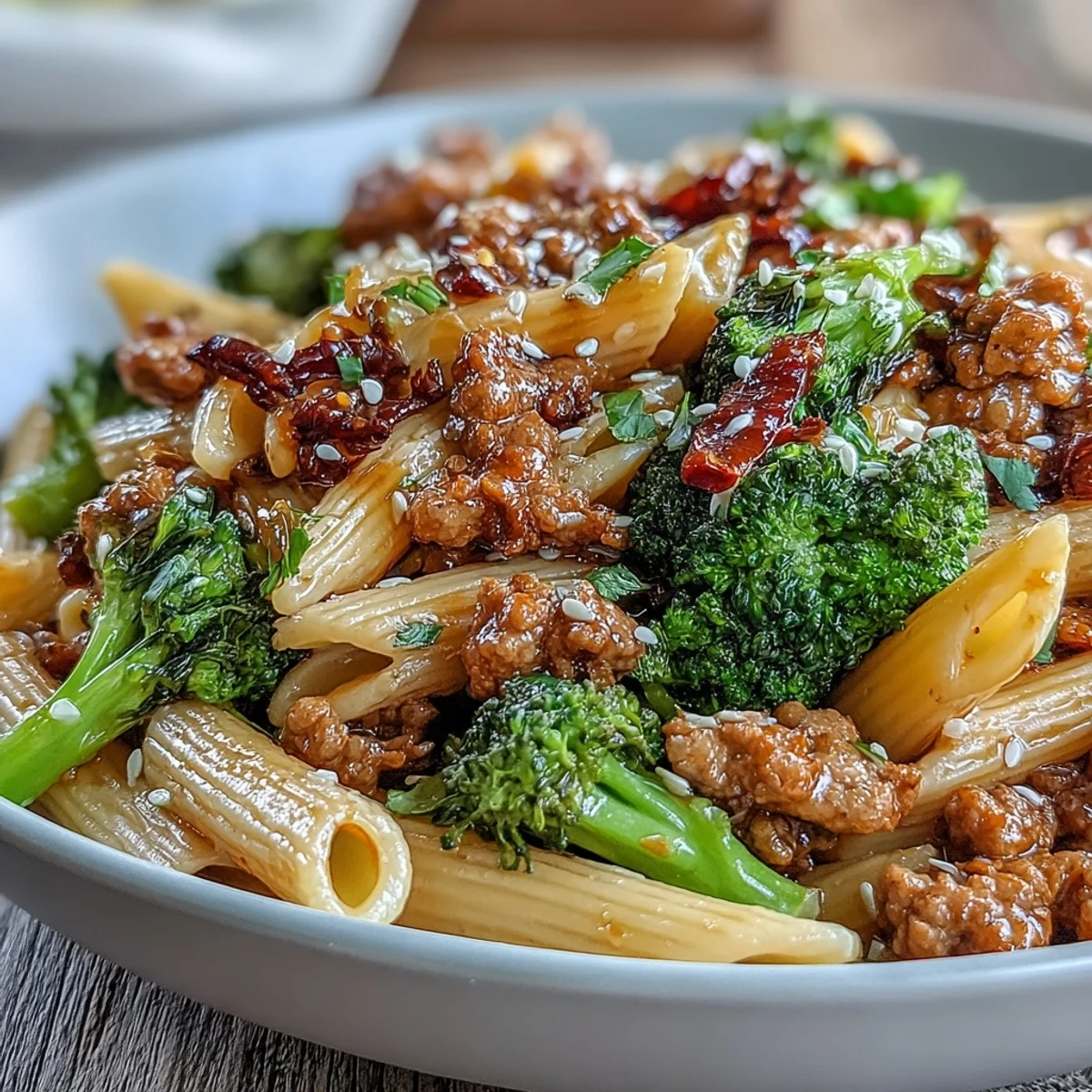 A close-up of a savory plate of Sweet & Spicy Turkey Broccoli Pasta shows a fork lifting a bite with tender turkey and bright green broccoli florets.