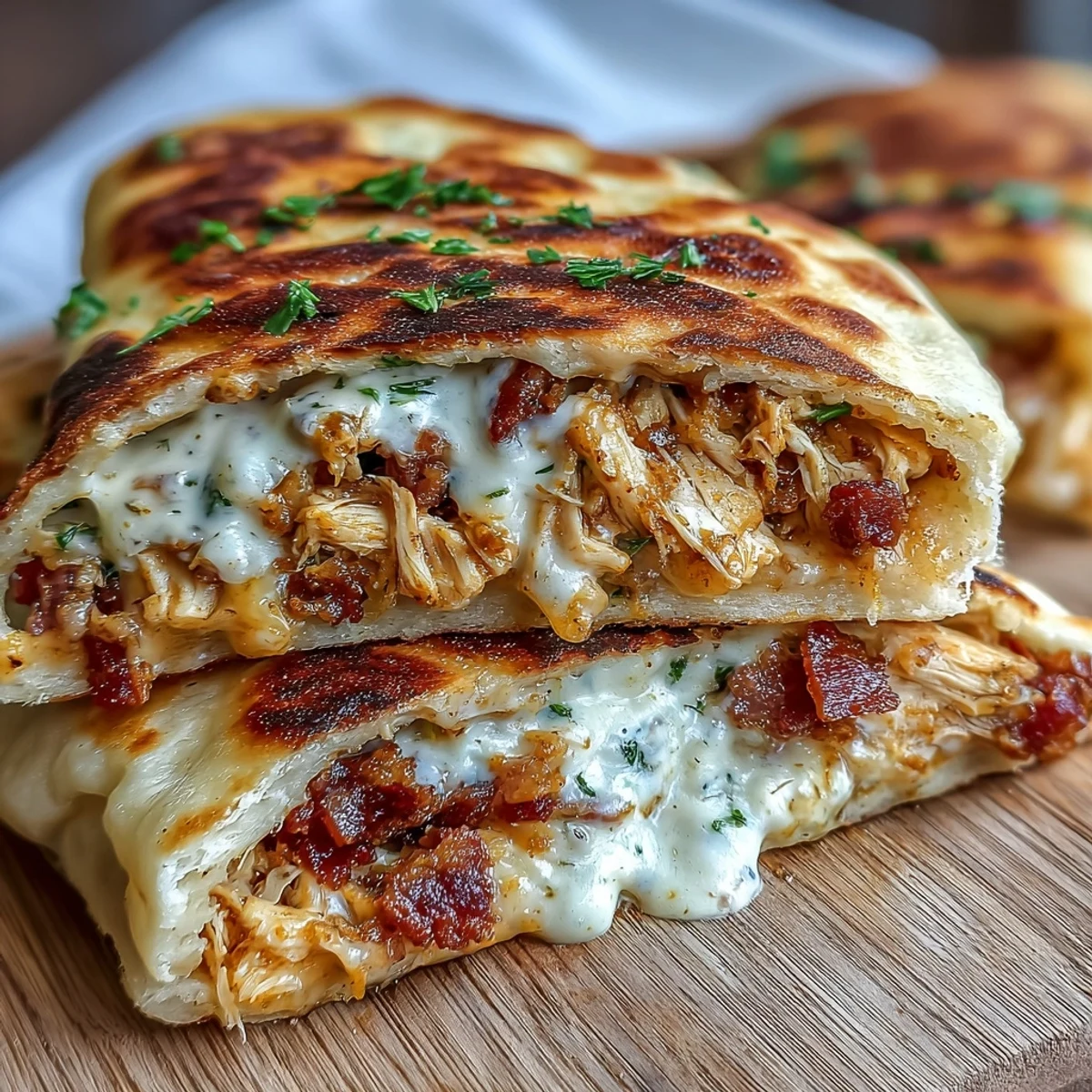 Two halves of Ranch Crack Chicken Stuffed Naan revealing a savory filling of shredded chicken and ranch seasoning.