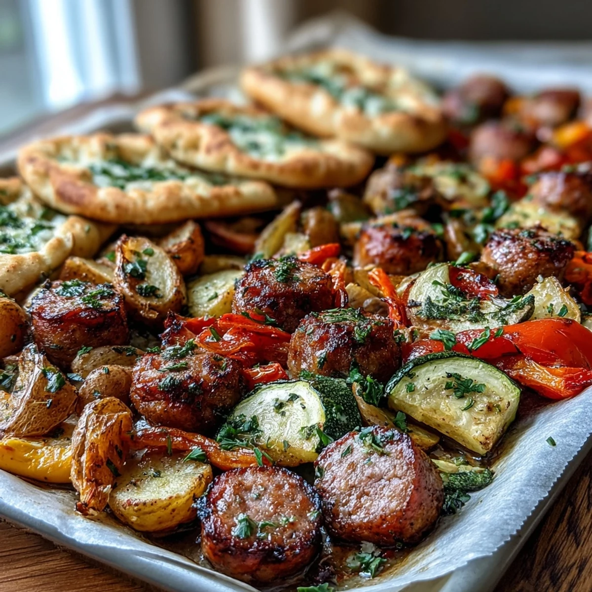 Golden roasted vegetables and browned sausage from Smoky Sheet Pan Sausage & Veggies with Naan, sizzling on a sheet pan with vibrant bell peppers and zucchini.