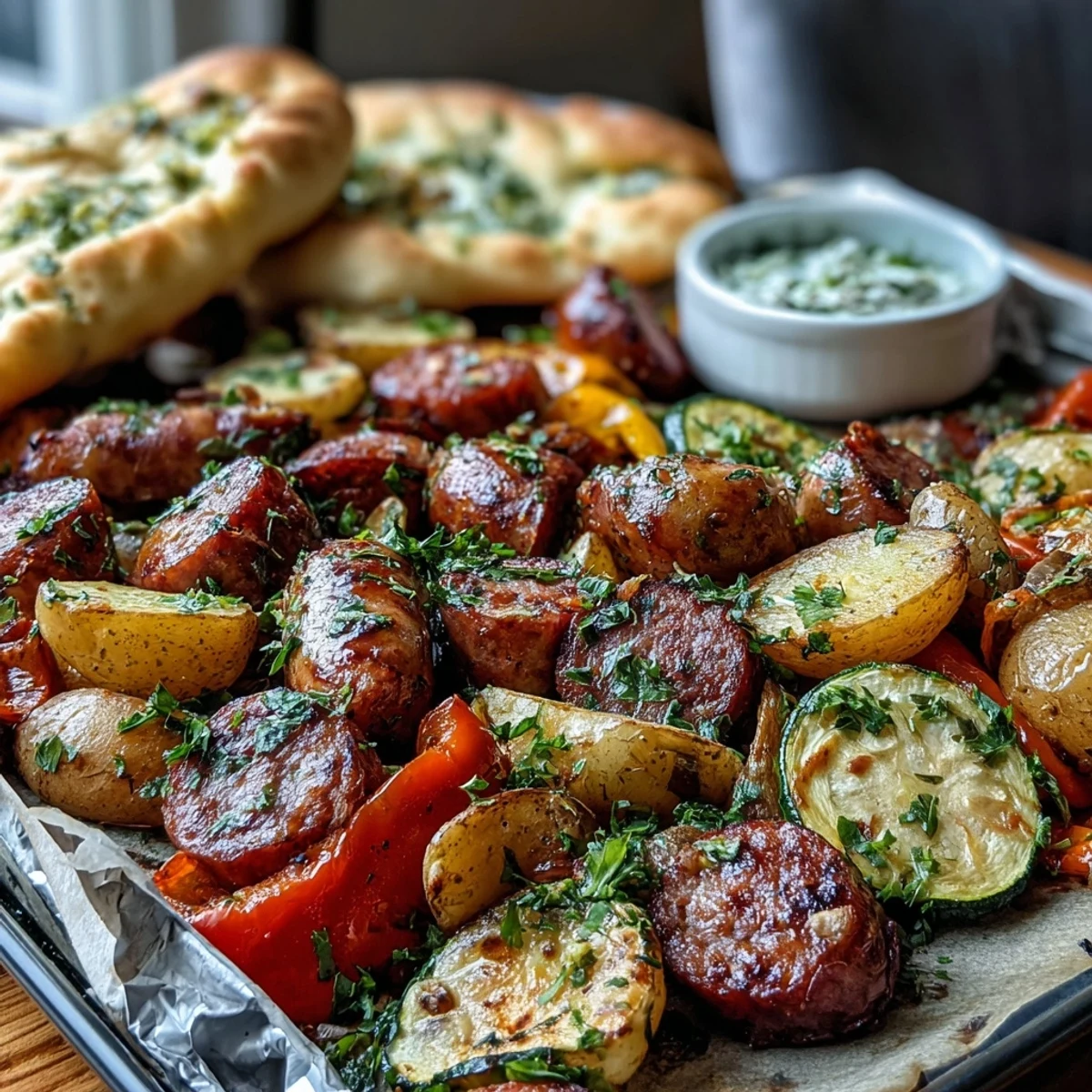 A close-up of Smoky Sheet Pan Sausage & Veggies with Naan featuring caramelized onions and cherry tomatoes, ready to be served with fresh parsley.