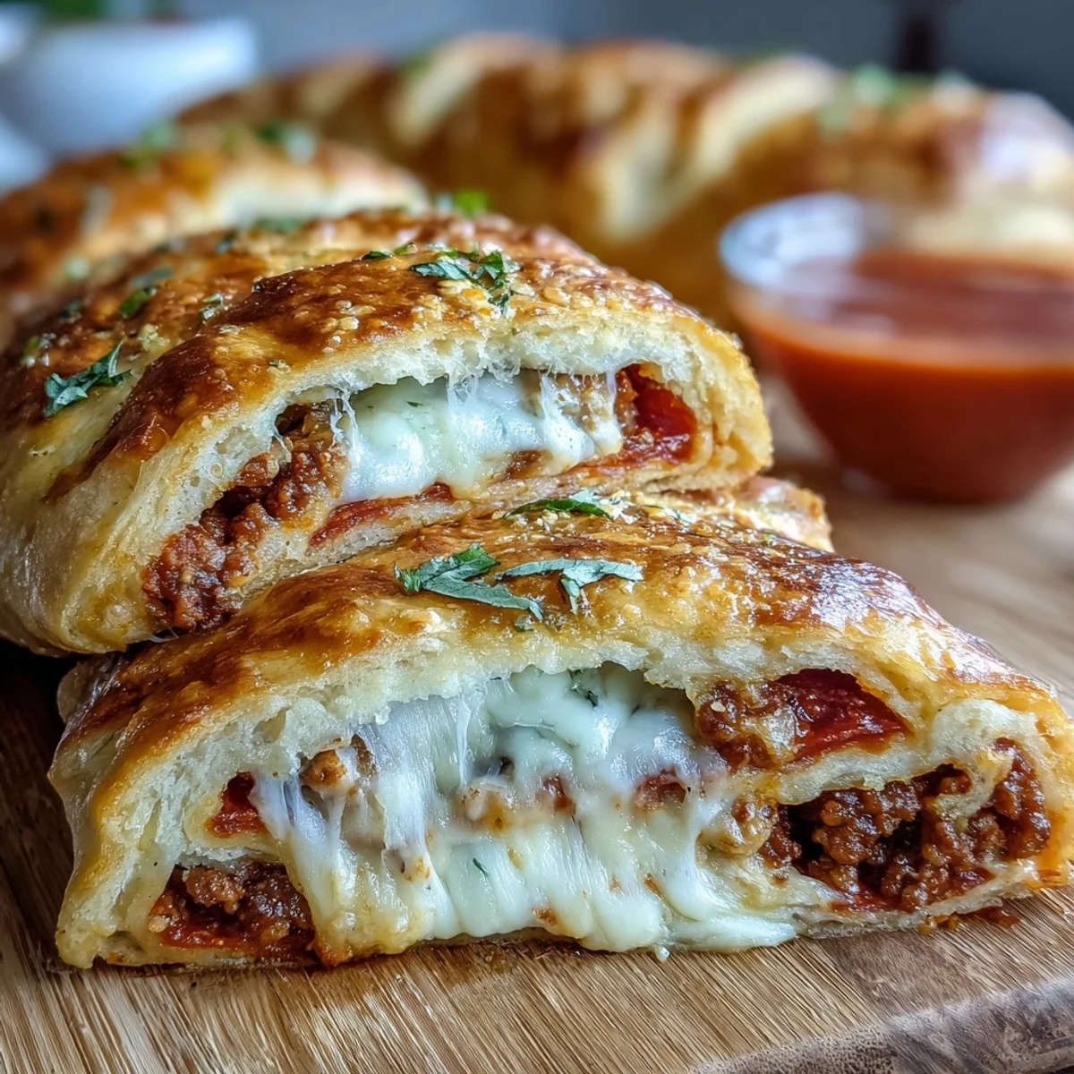 A golden-brown Baked High-Protein Pepperoni Stromboli rests beside a small bowl of warm marinara sauce for dipping, perfect for a family dinner.