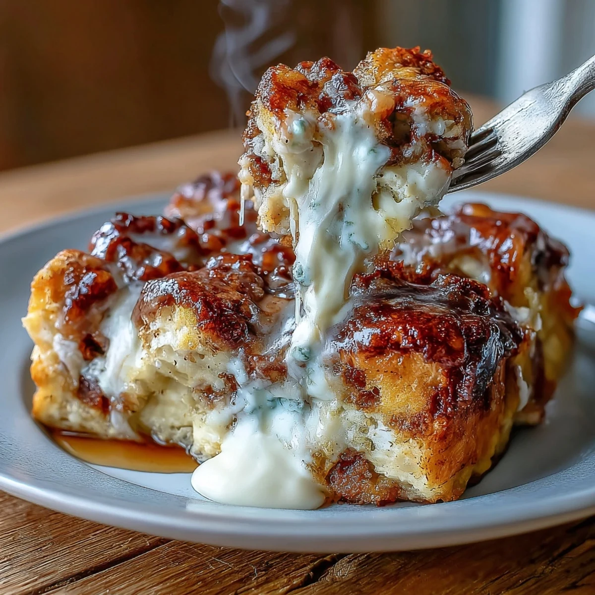A plated slice of Cream Cheese Swirl Cinnamon Roll French Toast Bake showing a creamy swirl and melted cinnamon sugar topping.