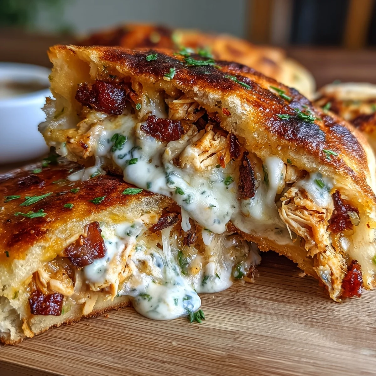 Golden-brown grilled Ranch Crack Chicken Stuffed Naan, revealing melted cheddar and bacon filling.