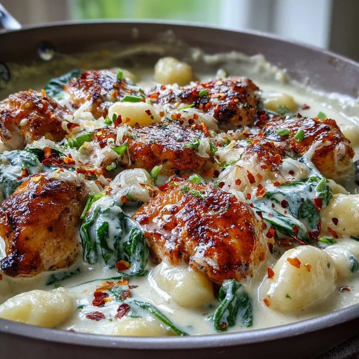 Golden-brown seared chicken thighs nestle into a creamy garlic Parmesan sauce with tender potato gnocchi and wilted spinach in this One-Pan Creamy Garlic Chicken Gnocchi.