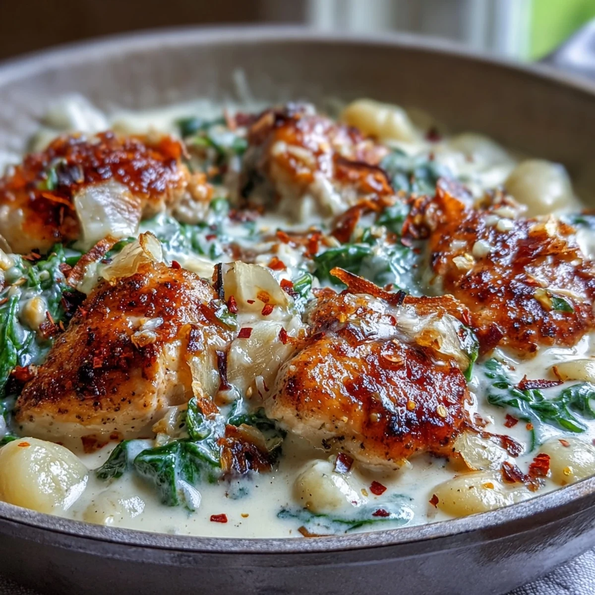 A close-up of a skillet with One-Pan Creamy Garlic Chicken Gnocchi, featuring juicy chicken and spinach in a rich, garlicky sauce.