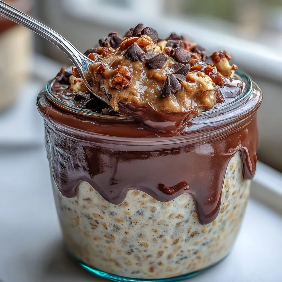Peanut Butter Cup Overnight Oats layered with creamy cocoa ganache in a clear jar, topped with chocolate chips and chopped peanuts for a decadent, healthy breakfast.