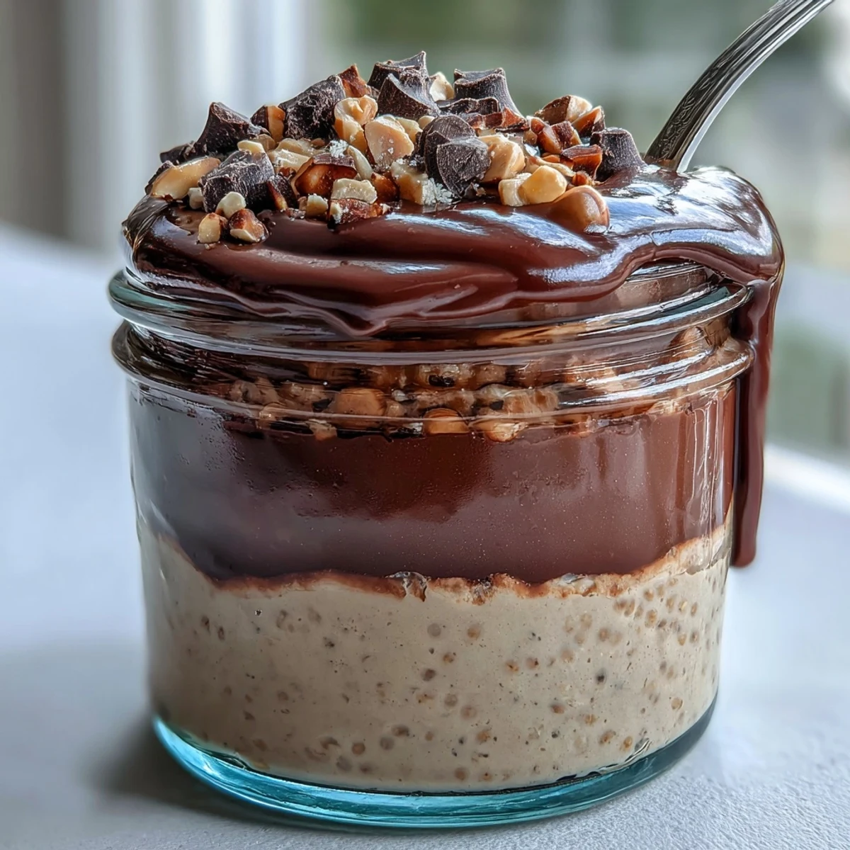 A close-up of Peanut Butter Cup Overnight Oats showing thick, swirled layers of oats and rich chocolate ganache, finished with mini chocolate chips for an extra treat.