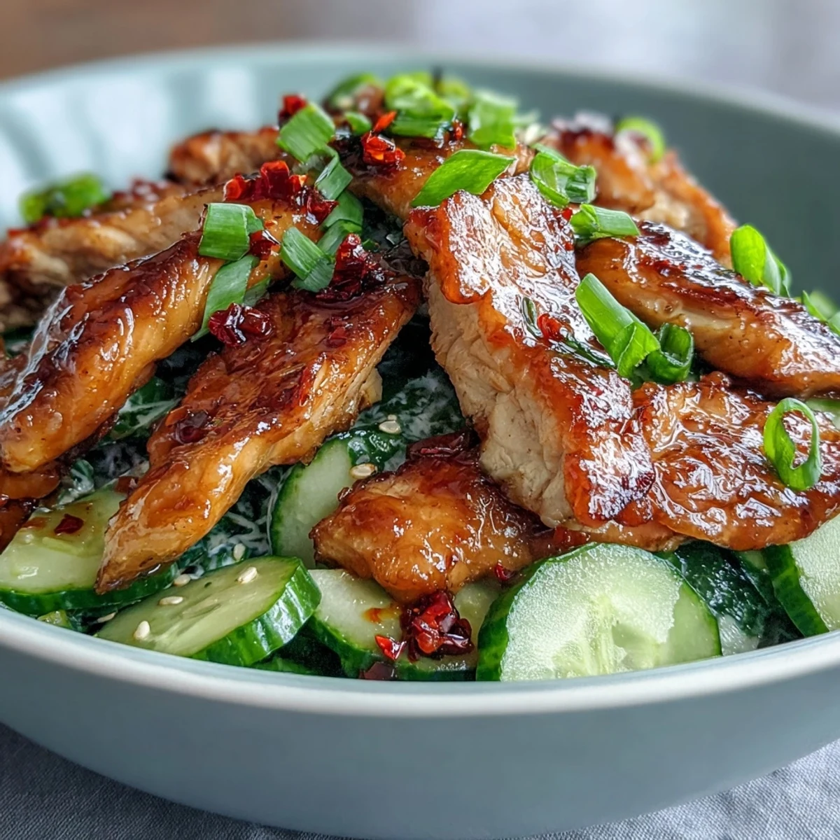 Close-up of juicy sliced chicken and crisp cucumber salad in a TikTok Chili-Crisp Cucumber Chicken Bowl, garnished with green onions and sesame seeds.