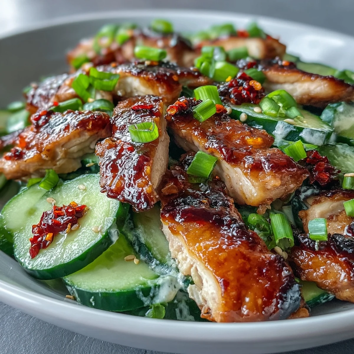 Brightly lit TikTok Chili-Crisp Cucumber Chicken Bowl with jasmine rice, sliced seared chicken, and creamy cucumber salad topped with chili crisp.