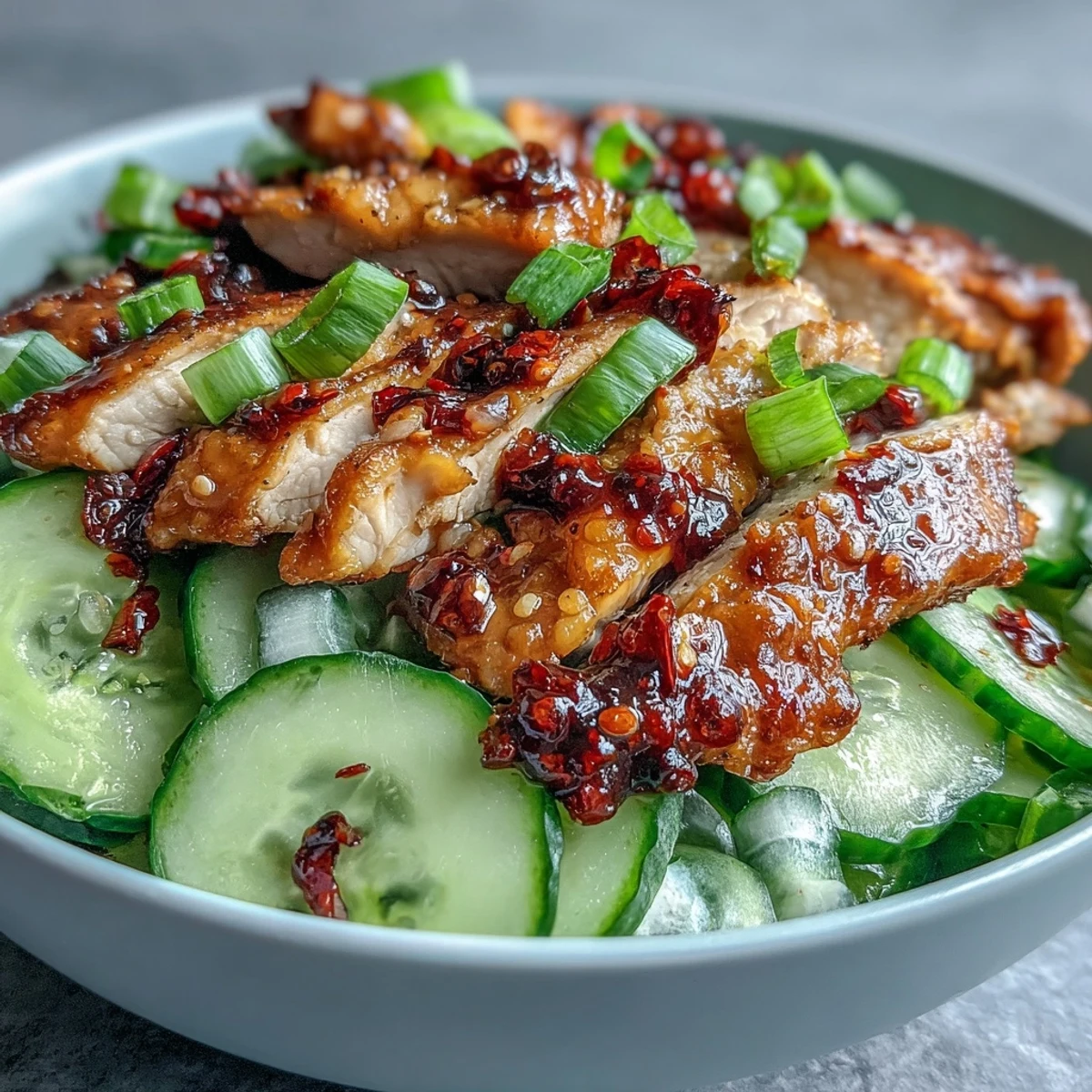 Overhead view of TikTok Chili-Crisp Cucumber Chicken Bowl showing vibrant salad, golden chicken, chili crisp drizzle, cilantro, and steaming rice.