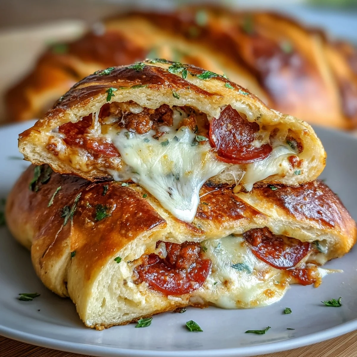 Freshly baked Baked High-Protein Pepperoni Stromboli rests on a cutting board, showcasing melted mozzarella and savory pepperoni slices inside.